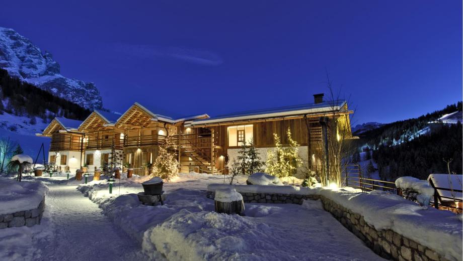 Our chalets from the outside in winter by night